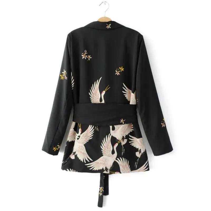 Women spring summer birds print kimono style long sleeve coat  set wide leg pants (US 10-16)