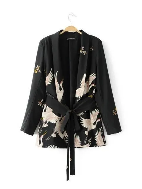 Women spring summer birds print kimono style long sleeve coat  set wide leg pants (US 10-16)