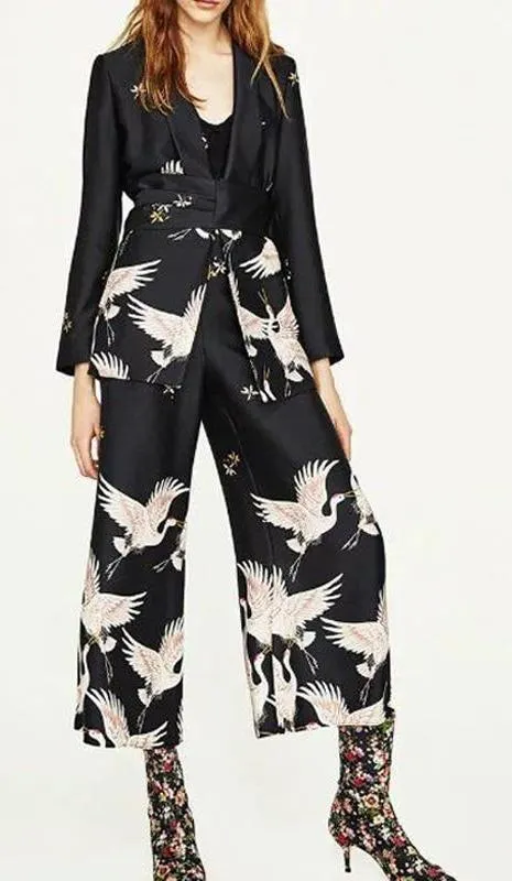 Women spring summer birds print kimono style long sleeve coat  set wide leg pants (US 10-16)