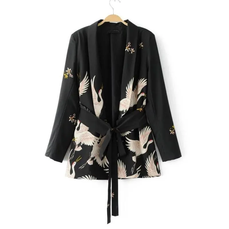 Women spring summer birds print kimono style long sleeve coat  set wide leg pants (US 10-16)