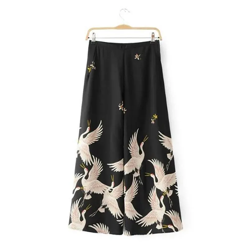 Women spring summer birds print kimono style long sleeve coat  set wide leg pants (US 10-16)