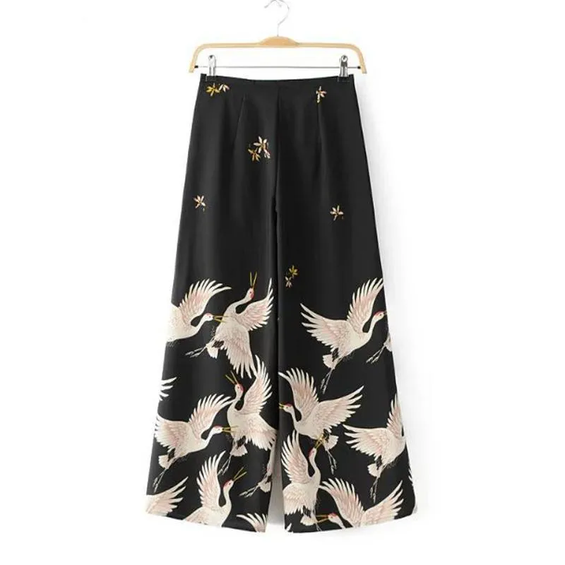 Women spring summer birds print kimono style long sleeve coat  set wide leg pants (US 10-16)