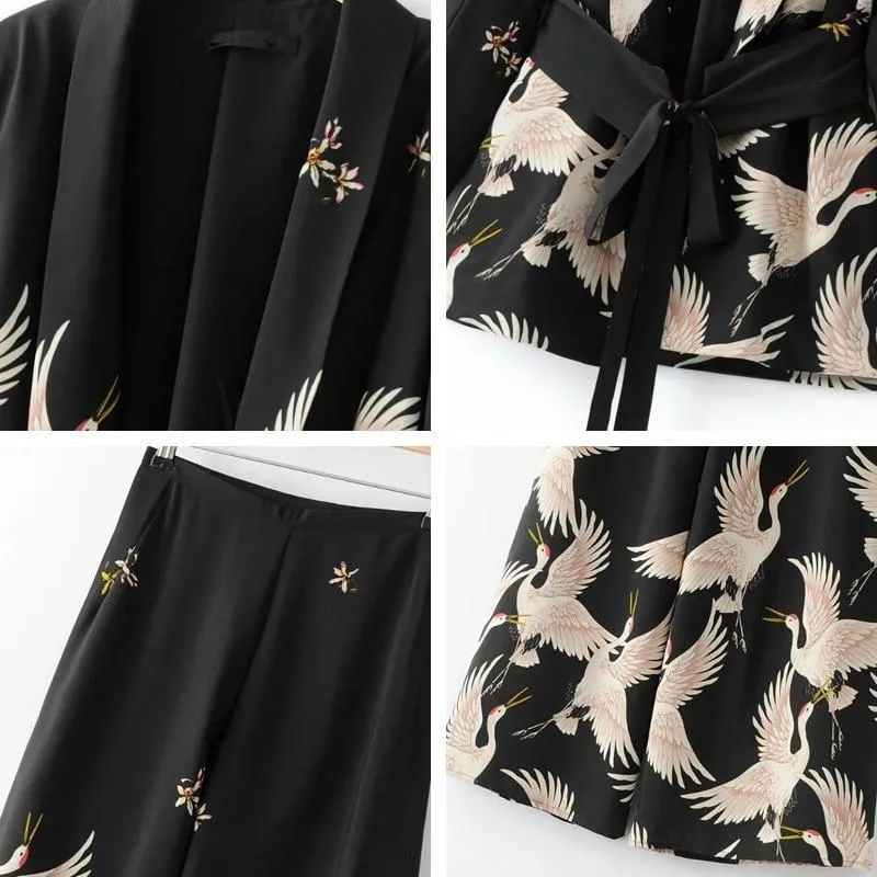 Women spring summer birds print kimono style long sleeve coat  set wide leg pants (US 10-16)