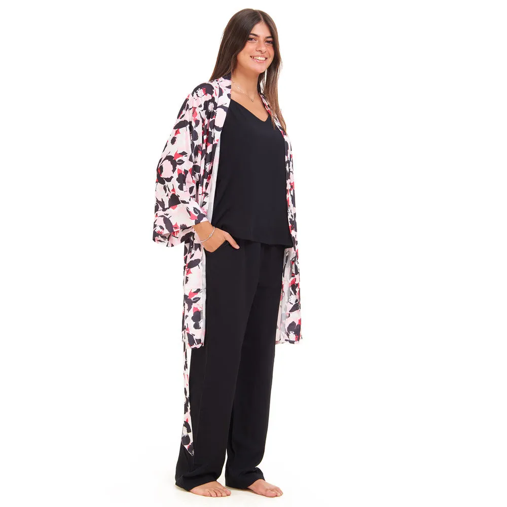 Women summer 3 piece pajama set  Fuchsia x Black floral pattern kimono   Black top & Pants