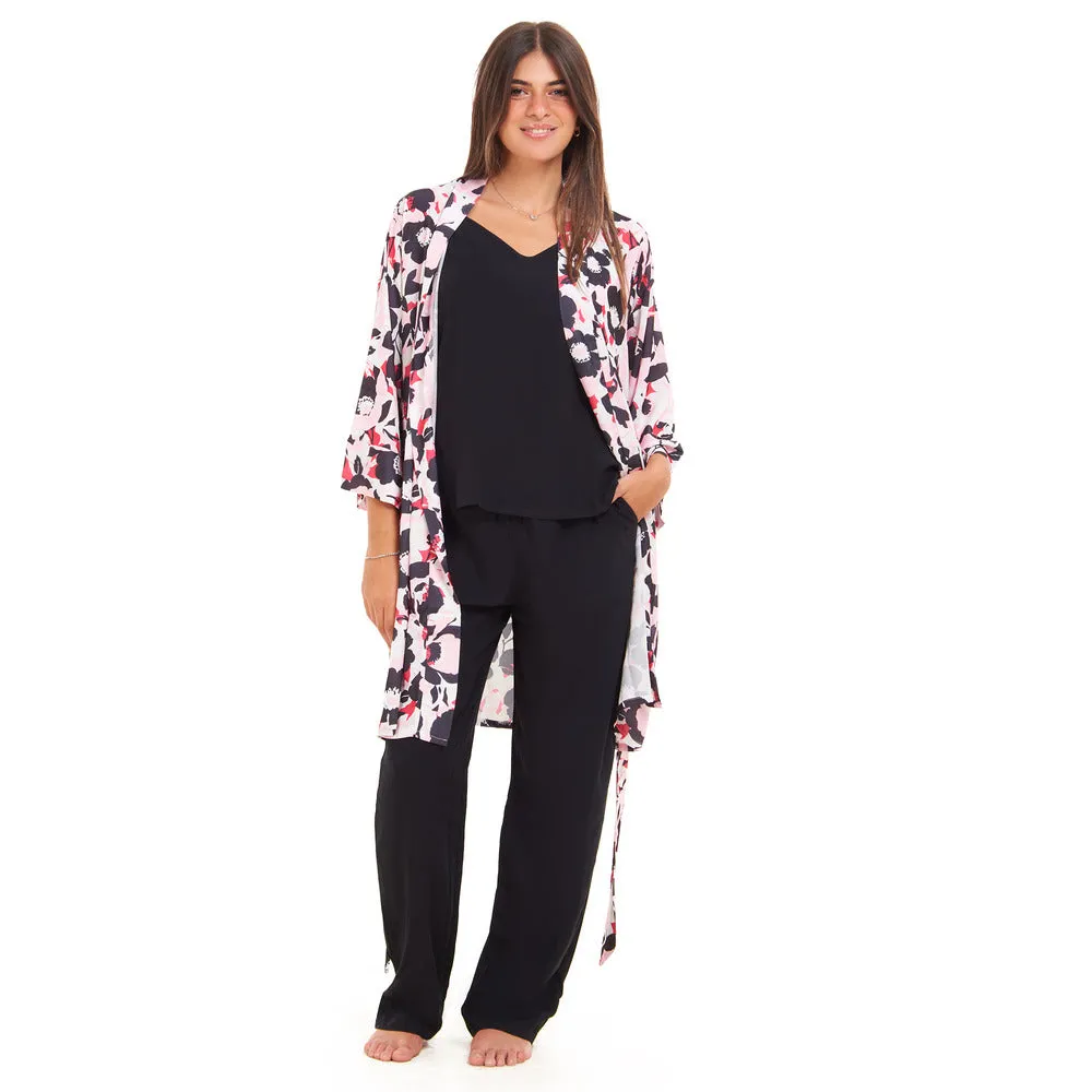 Women summer 3 piece pajama set  Fuchsia x Black floral pattern kimono   Black top & Pants