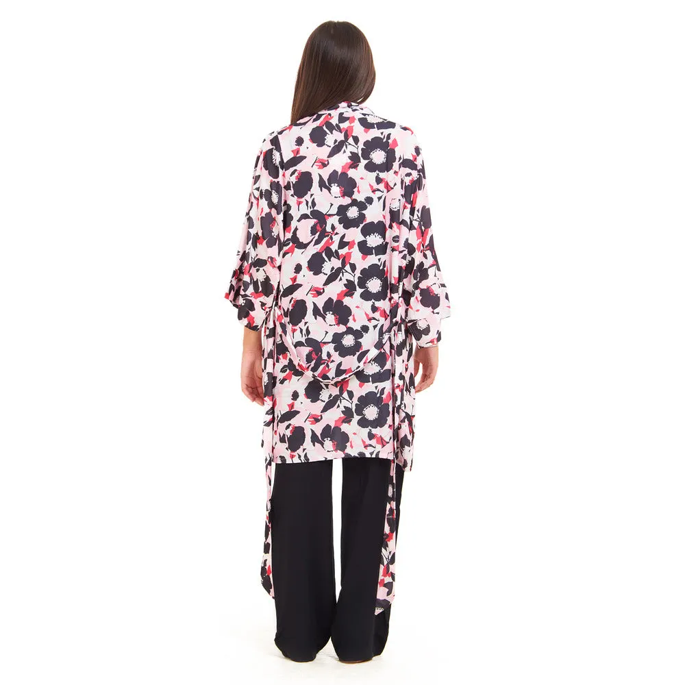 Women summer 3 piece pajama set  Fuchsia x Black floral pattern kimono   Black top & Pants