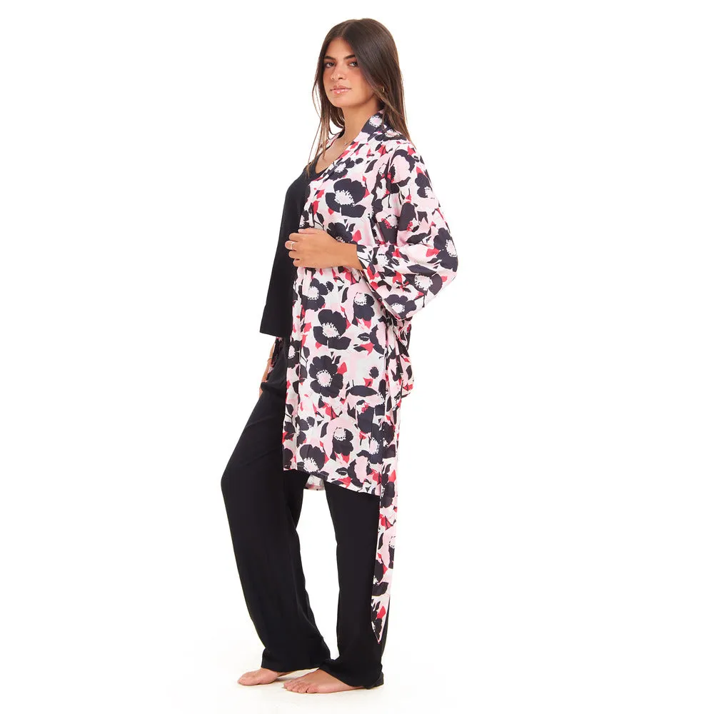 Women summer 3 piece pajama set  Fuchsia x Black floral pattern kimono   Black top & Pants