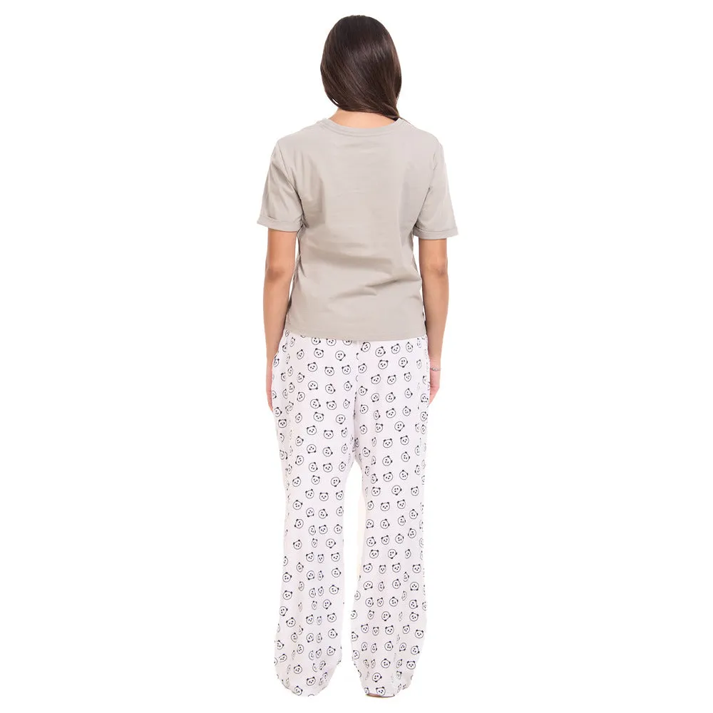 Women summer pajama set Grey Tee   Coffee lover panda Pants