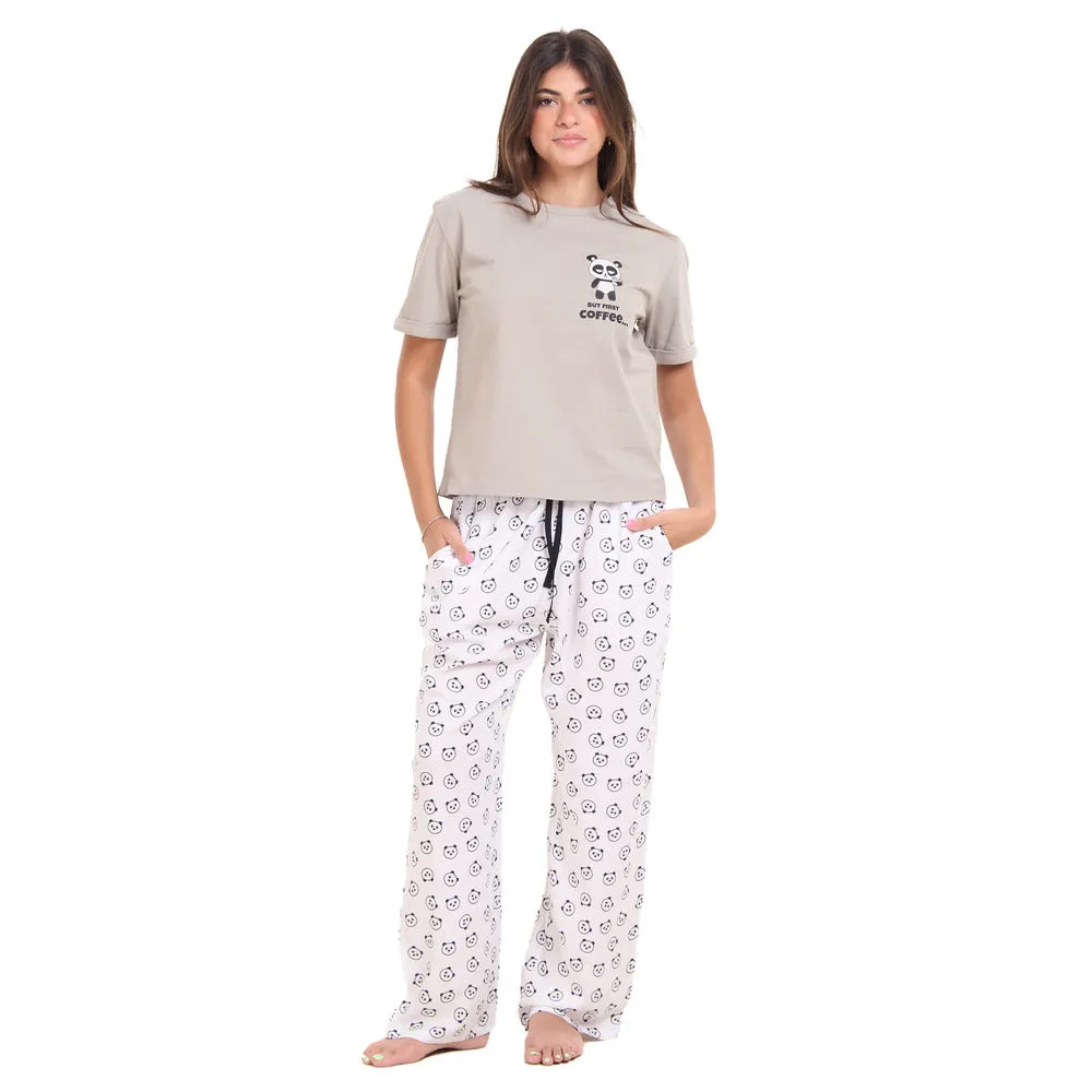 Women summer pajama set Grey Tee   Coffee lover panda Pants