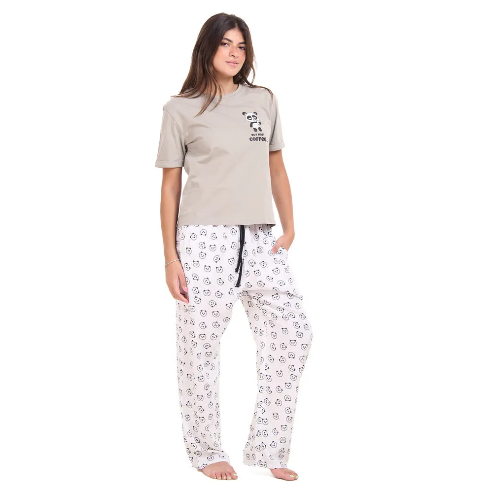 Women summer pajama set Grey Tee   Coffee lover panda Pants