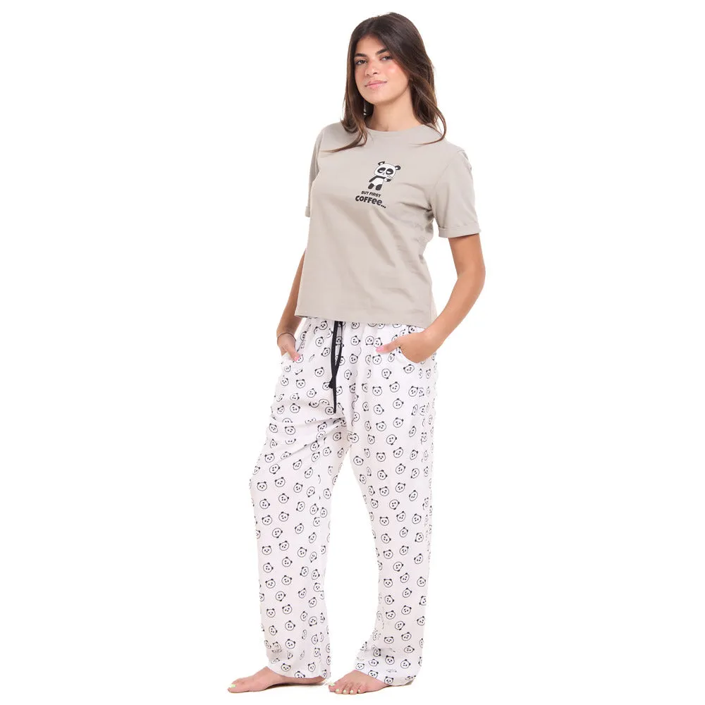 Women summer pajama set Grey Tee   Coffee lover panda Pants