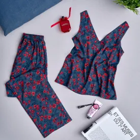 Women summer pajama set Red Flowers top   Pants