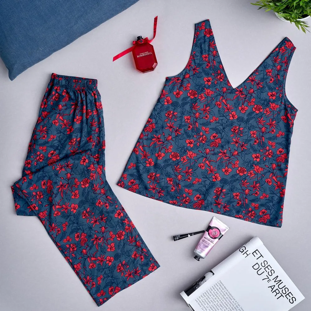 Women summer pajama set Red Flowers top   Pants